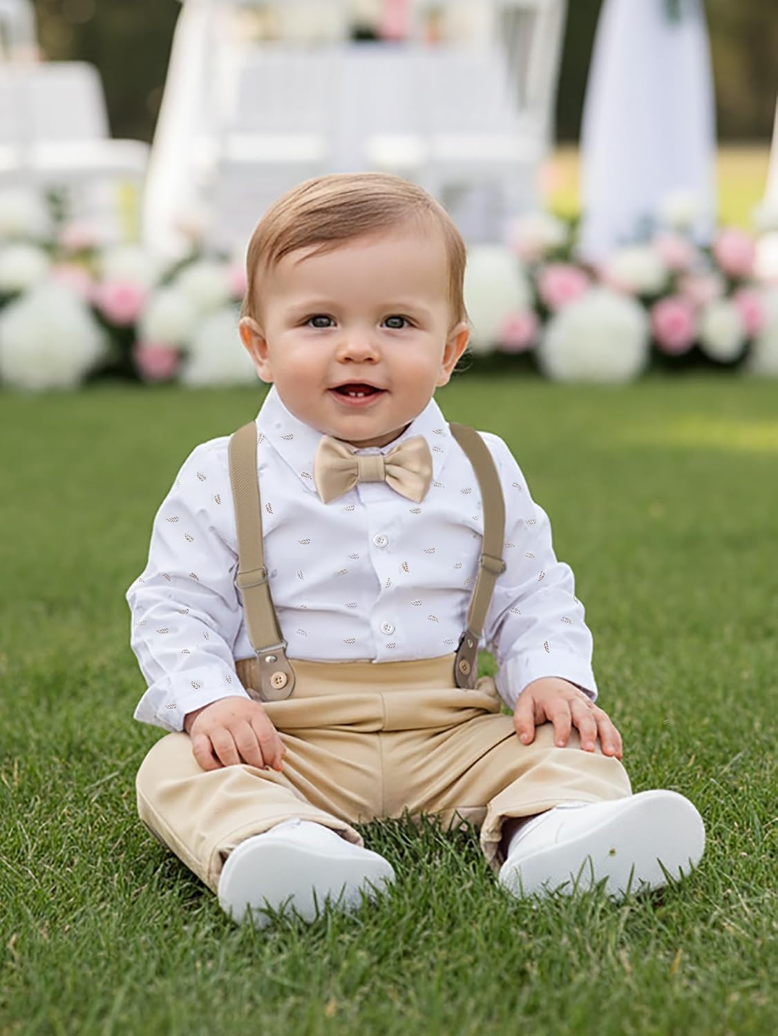 Boarnseorl Baby Boys Pants Sets, Infant Long Sleeve Shirt + Pants + Bow Tie + Suspenders Outfits