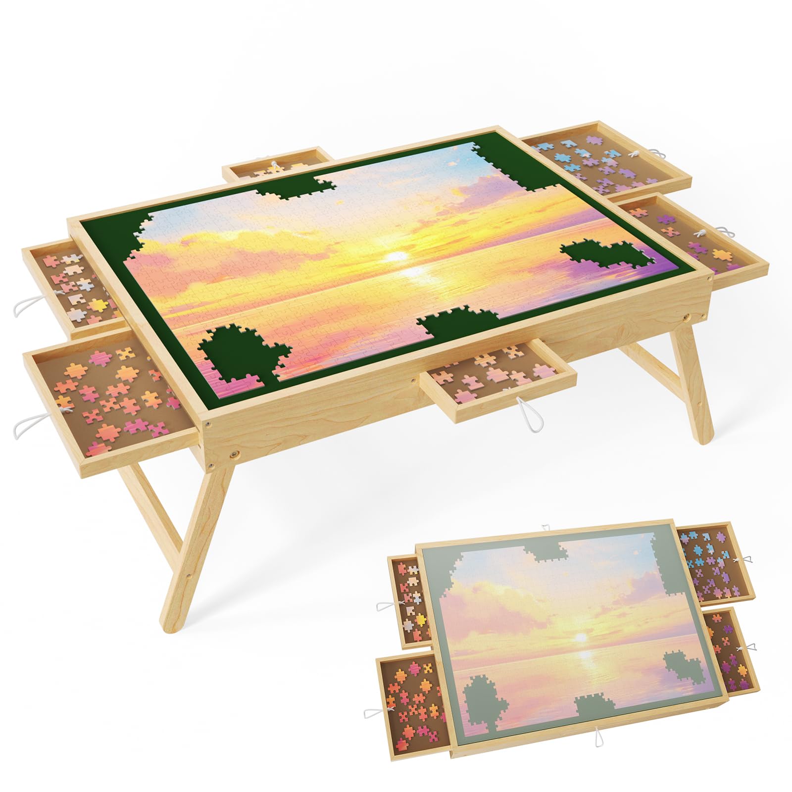 Jigsaw Puzzle Board,Folding Tilting Puzzle Table,Wooden Jigsaw Board,Portable and Felted Anti-Slip Surface,Transparent Cover for 1000 pieces 6 Sliding Drawers Storage System