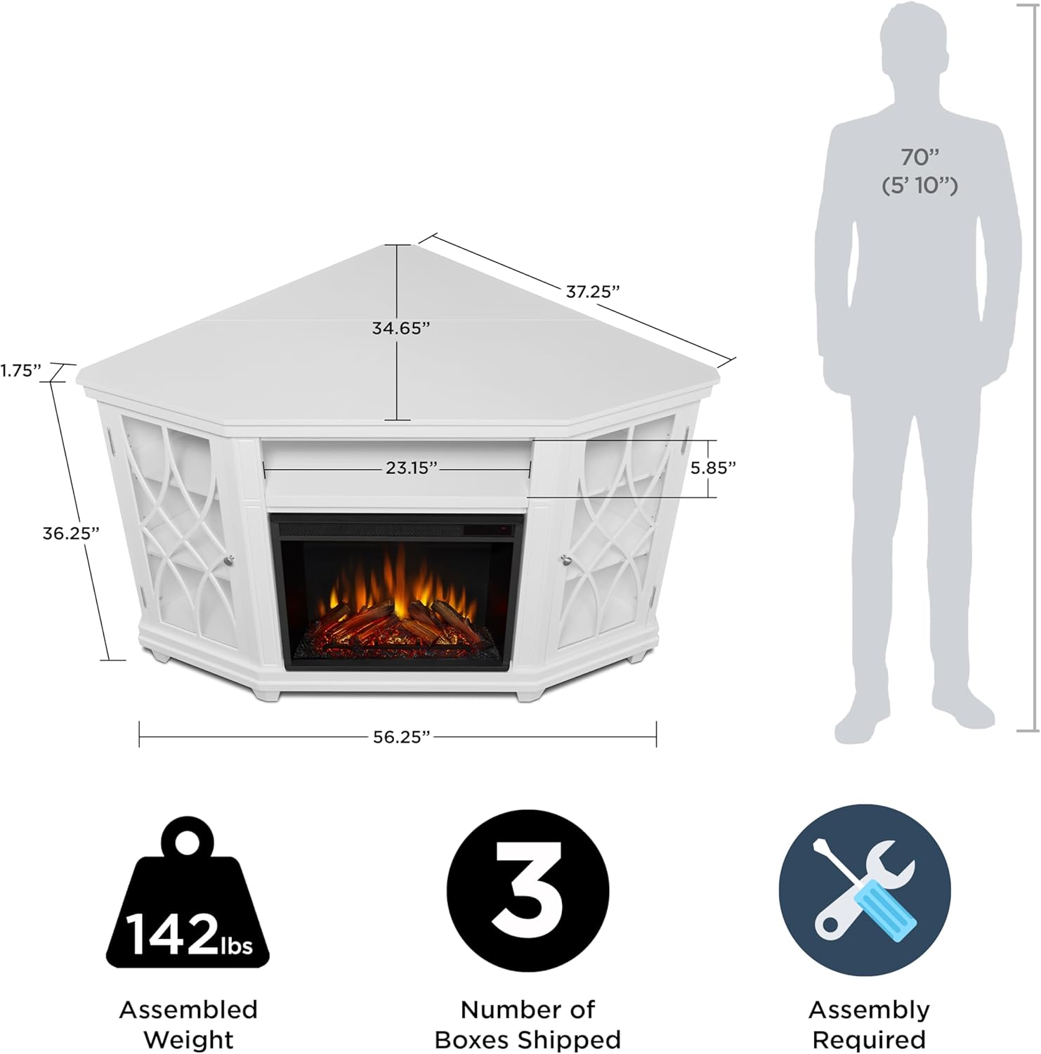 Real Flame Lynette 56" Corner Electric Fireplace TV Stand or TVs up to 55 inches, Entertainment Center with Electric Fireplace, Living Room TV Stand with Fireplace, White