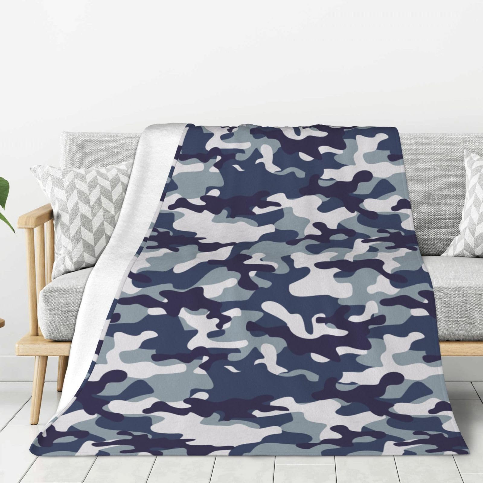 Couverture flanelle bleu camouflage plaid lit et canapé 127x152