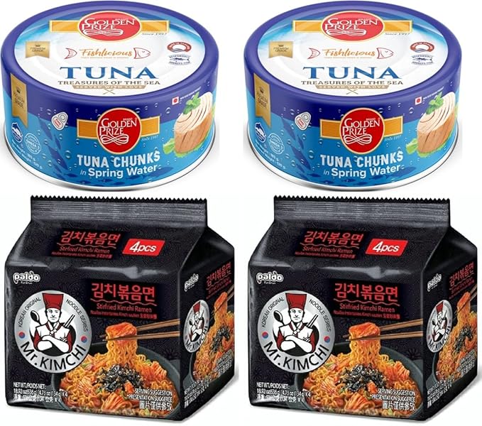 Golden Prize Tuna Chunk in Springwater 185Gms (2 Units) and Paldo Mr. Kimchi Noodles 134 Gms (2 Units), Combo Pack, Pack of 4