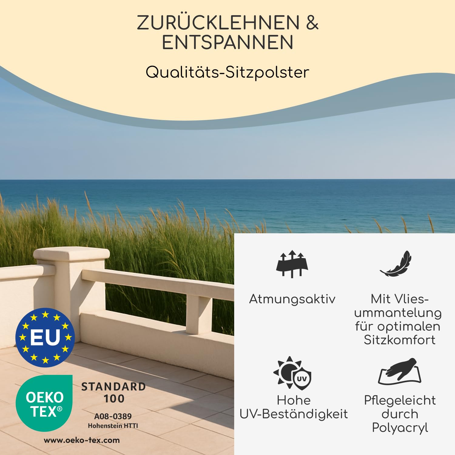 Gartenstuhlauflagen Niedriglehner, 6er Set, Grau | Extra Dick 8 cm, Oeko-TEX, UV-beständig, Made in EU, Outdoor Auflagen für Gartenstühle