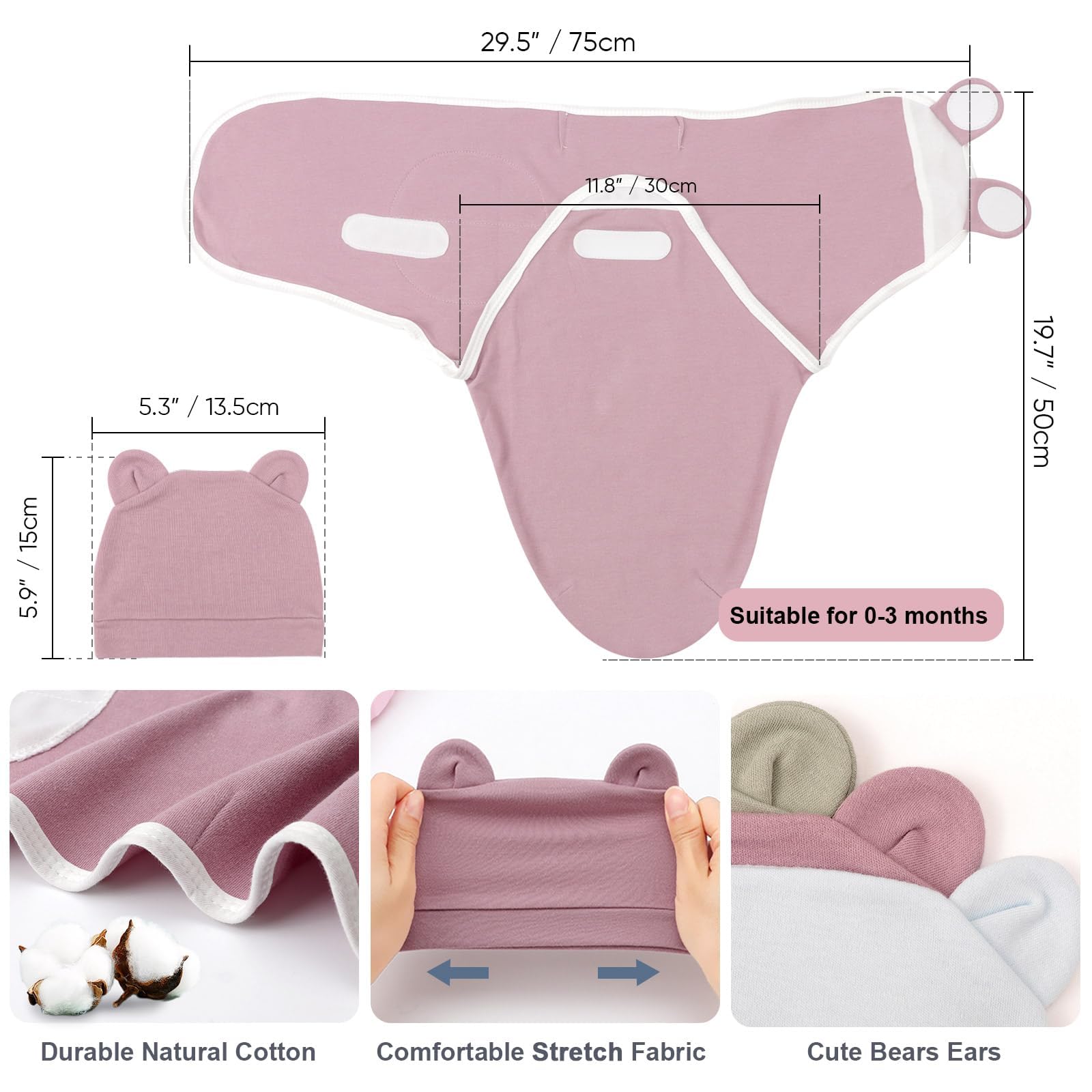 DRESHOW Recién Nacido Swaddle Manta Sombrero Set Bebé Impreso Swaddles Infantil Ajustable Sleep Sack para 0-3 Meses Niñas Niños