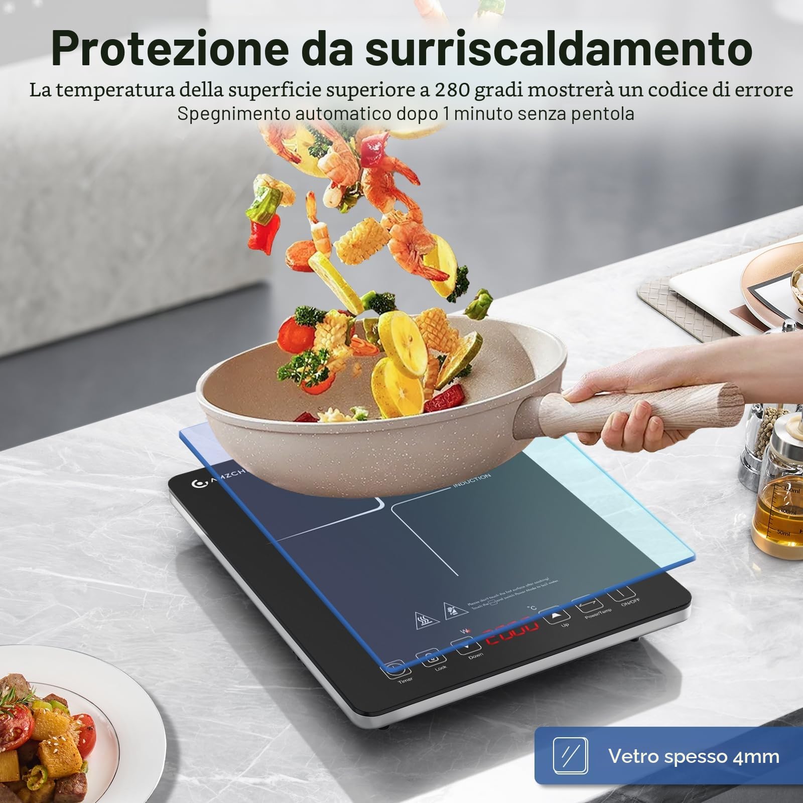 Piastra ad induzione,AMZCHEF piano Cottura a induzione elettrica con superficie in vetro cristallo nero, design portatile ultrasottile, controllo touch sensor e blocco di sicurezza,2000W