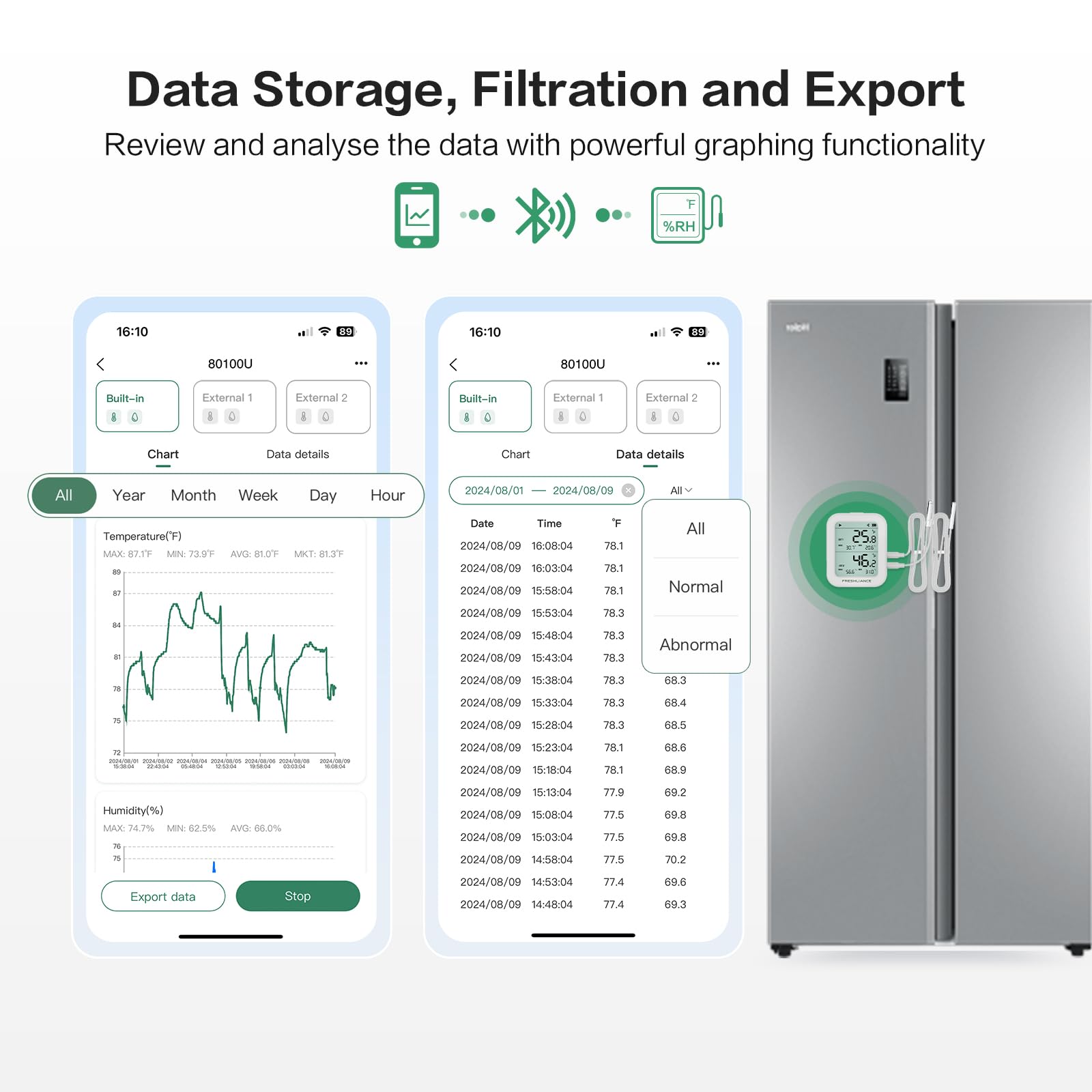 Freshliance Temperature Humidity Data Logger Recorder Bluetooth with 2pcs External Probe, Digital Refrigerator Thermometer Hygrometer, Remote Data Recording Analysis Alarm by Smart APP,BlueTag TH30R-I — Amazon image 6