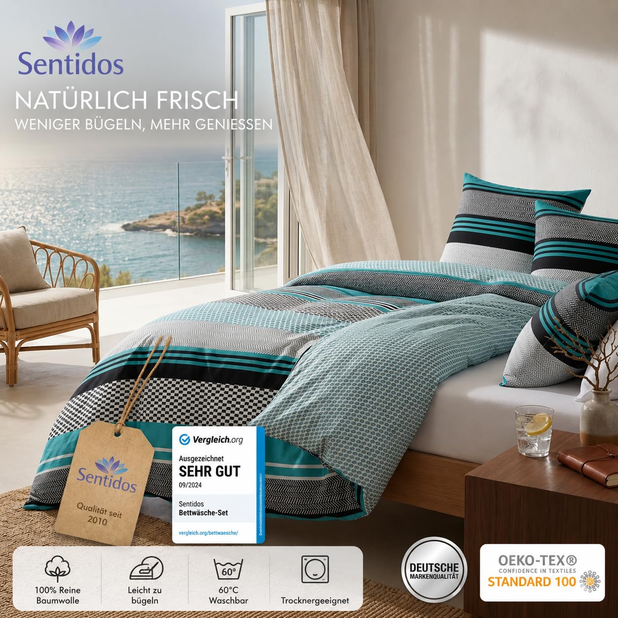 Sentidos 4-teiliges Bettwäsche-Set aus Renforcé-Baumwolle - 2x Bettbezüge 135x200 cm & 2x Kissenbezüge 80x80 cm mit Reißverschluss - Türkis/Schwarz/Weiß