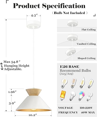 Miniatura 4 de ELYONA Lámparas colgantes modernas de 10 pulgadas, lámpara colgante de madera maciza nórdica de metal blanco y acabado interior dorado, lámpara