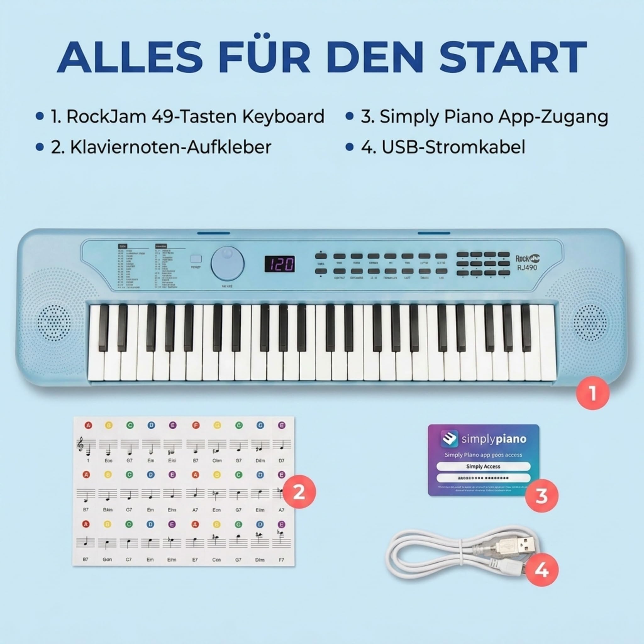 RockJam RJ490BB Mini Keyboard Piano mit 49 Tasten, tragbares elektronisches Synthesizer Keyboard Babyblau mit USB-C, Lautsprechern, Kopfhöreranschluss, 200 Klängen und Rhythmen