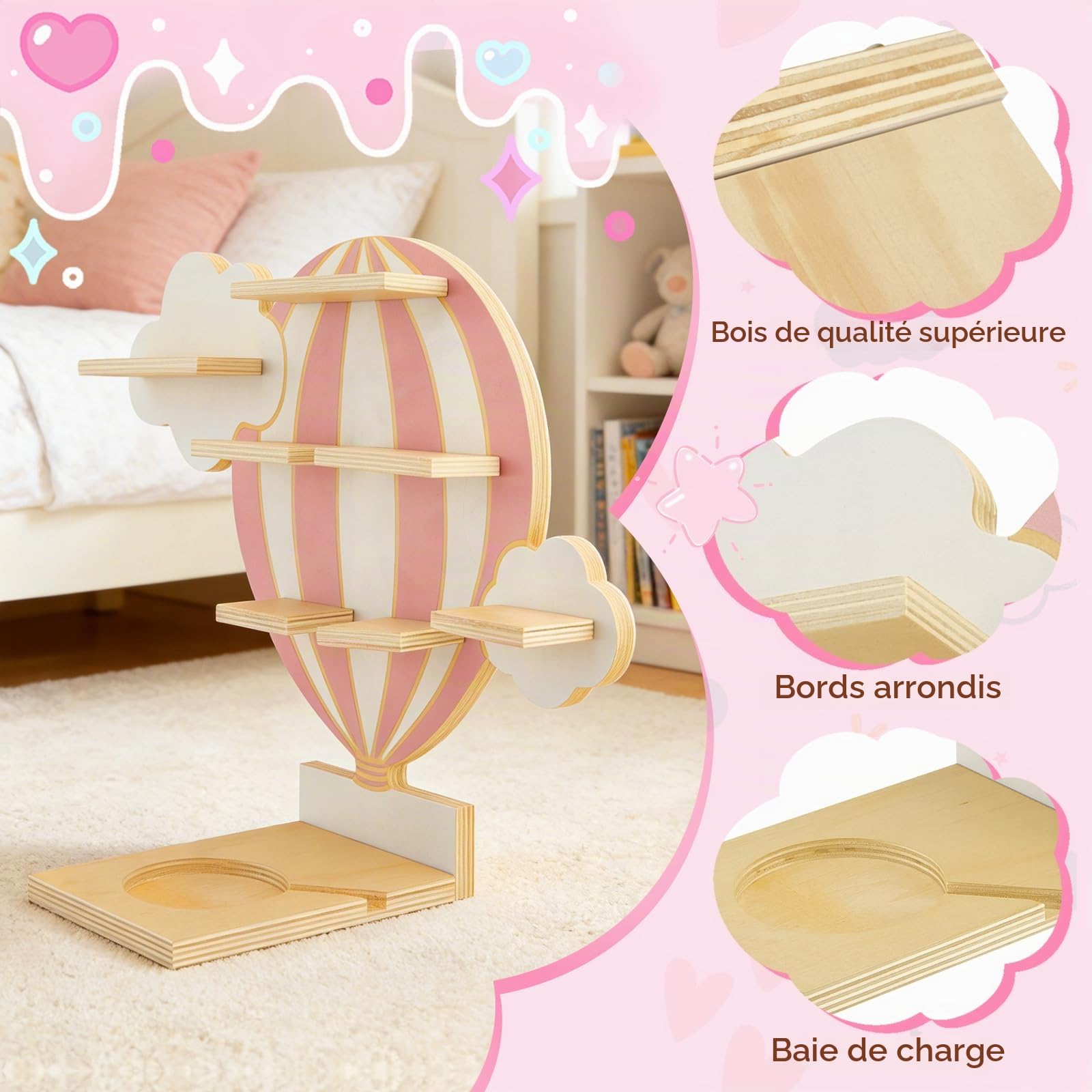 Étagère Toniebox avec Compartiments et Barres Magnétiques, Rangement Tonie Montgolfière et Nuages, Étagère Murale ou sur Pied, pour Toniebox et Figurines Tonie