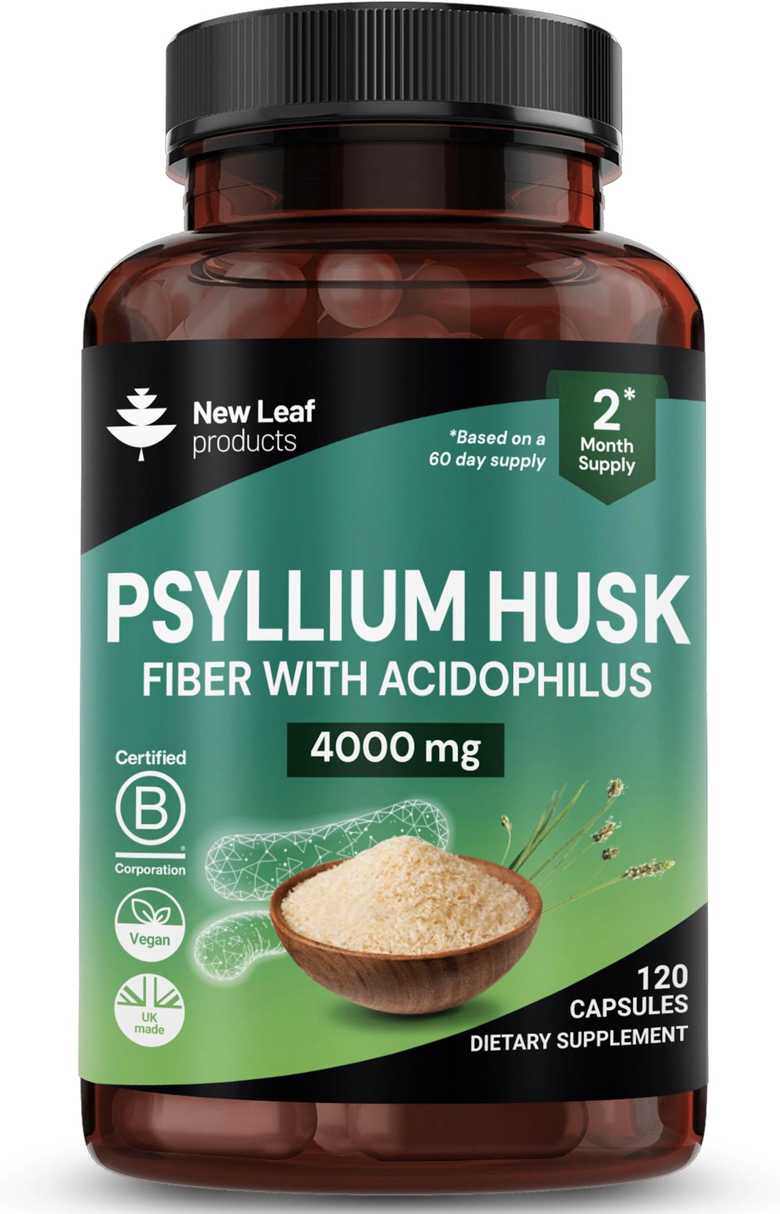 Psyllium Husk Capsules Enriched With Probiotics Fibre Supplement High Absorbency Strength Contributes Towards Gut And Digestive Health from Plantago Ovata Seeds, Ispaghula Husk, Gluten-Free Made in UK