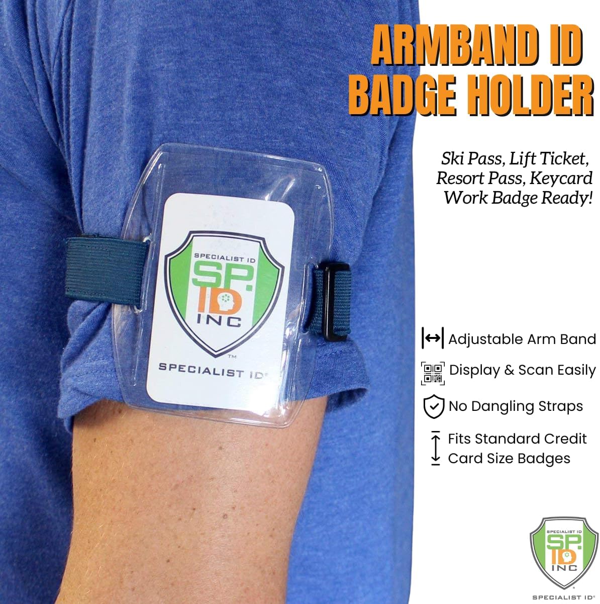 Bulk 25 Pack - Armband Badge Holder with Adjustable Elastic Arm Band & Hook and Loop Fastener - Clear Plastic Display of Work I'd Card, Ski Pass, Lift Ticket & More by Specialist ID (Blue)