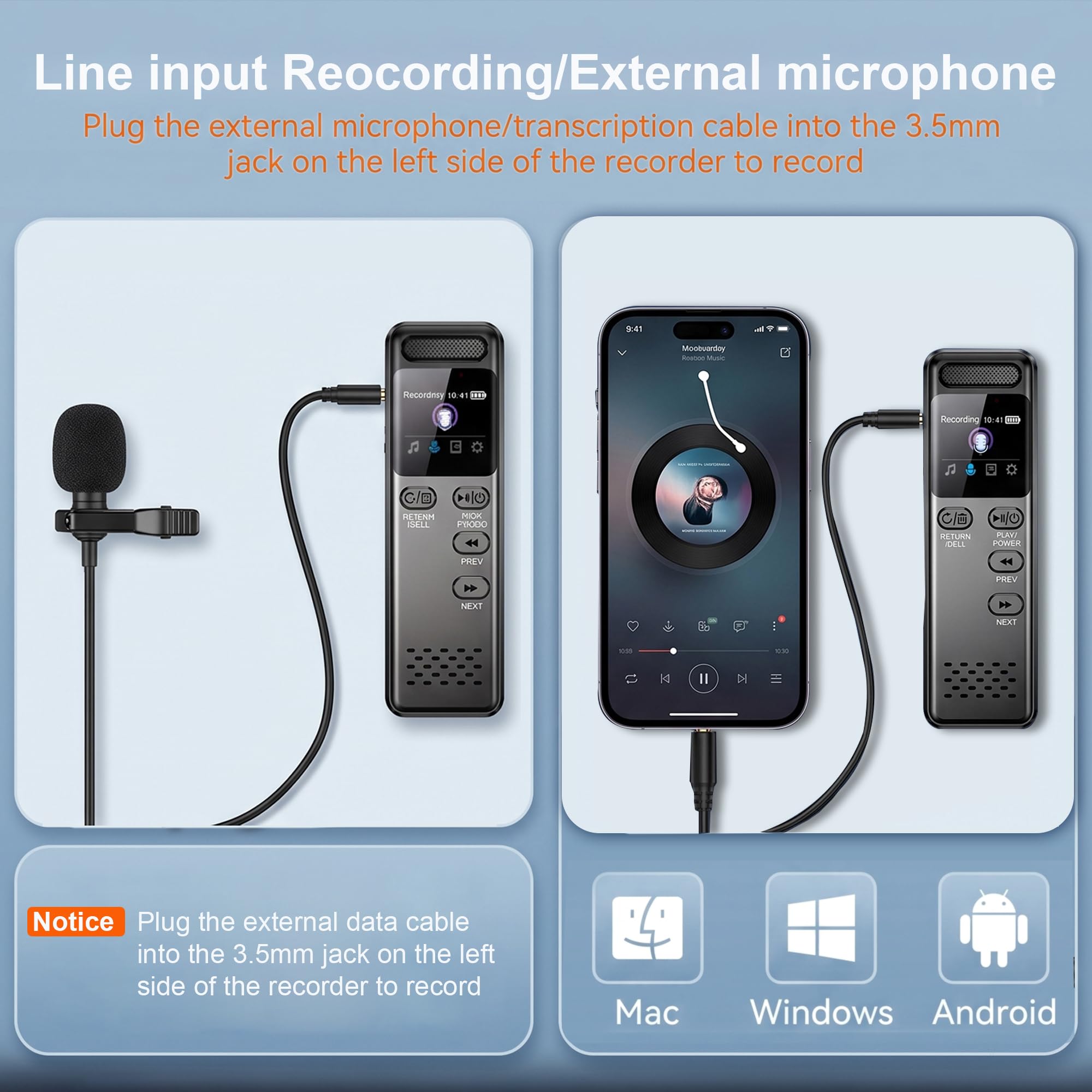 Enregistreur Vocal Numérique,Enregistrement HD (3072kbps) Réduction du Bruit Dictaphone Facile à Utiliser, Lecteur MP3 avec Verrouillage et Charge Type-C pour Conférences Entretiens Réunions (64GB)