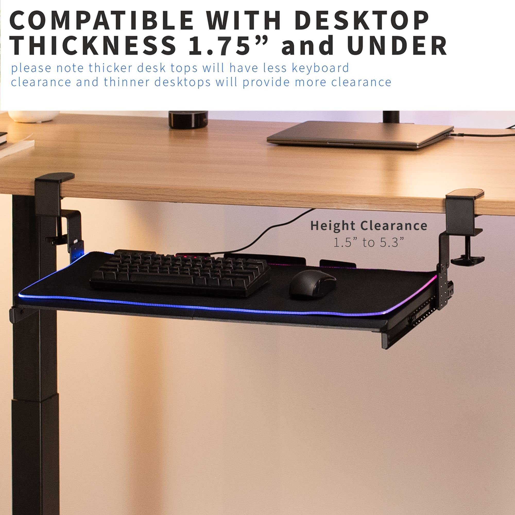 VIVO Mount-KB05GP - Bandeja para teclado de gran altura ajustable debajo del escritorio con luz LED RGB, soporte de abrazadera en C, 27 (33 abrazaderas incluidas) x 11 pulgadas con plataforma