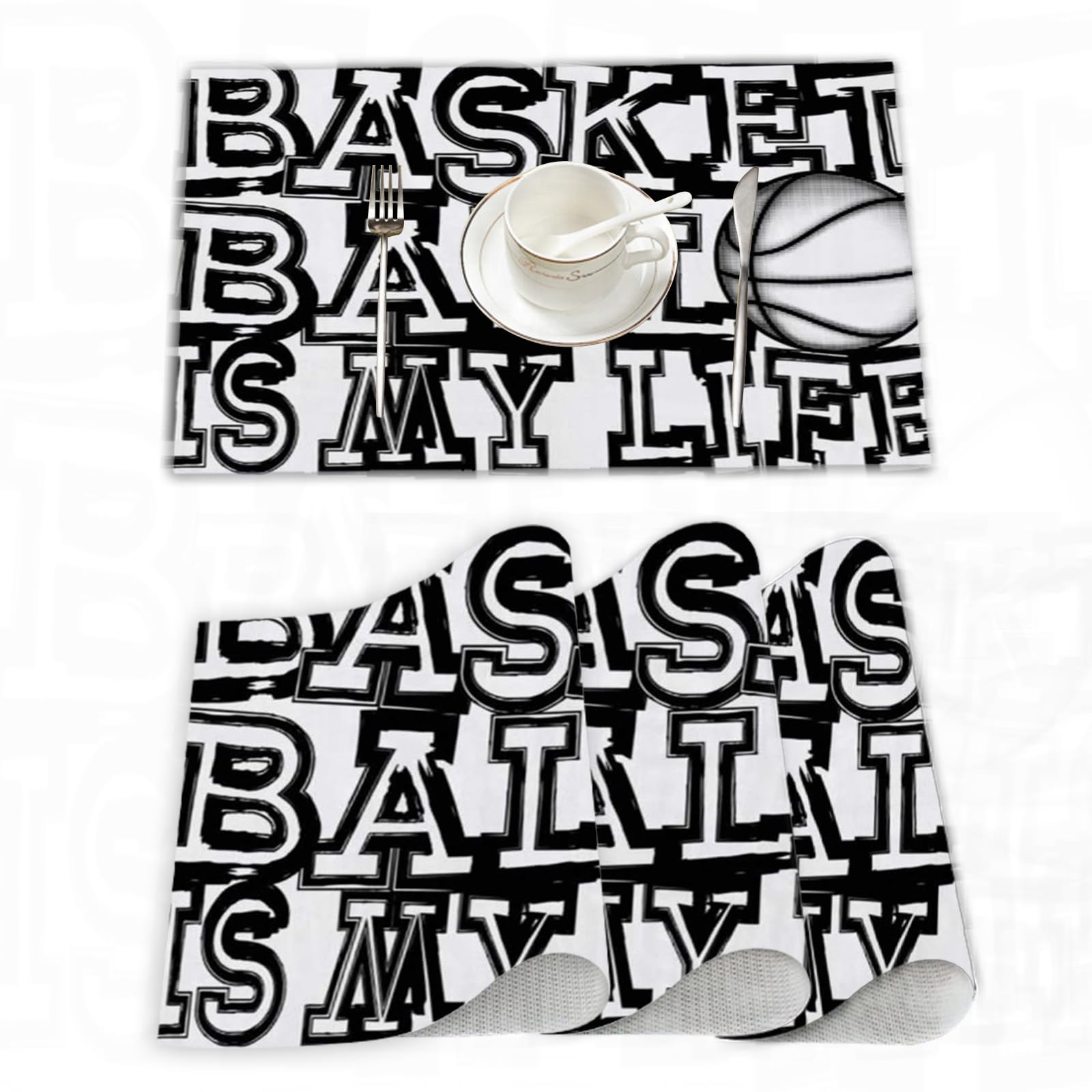 Platzset, Satz von 4 Platzsets 30x45 cm,Black Inscription Basketball My Action Sports Winner Freiz,Gewebte Vinyl-Tischsets, waschbare und langlebige Tischsets, Tischsets für den Innen und Außenbereich Küche, Haushalt & Wohnen