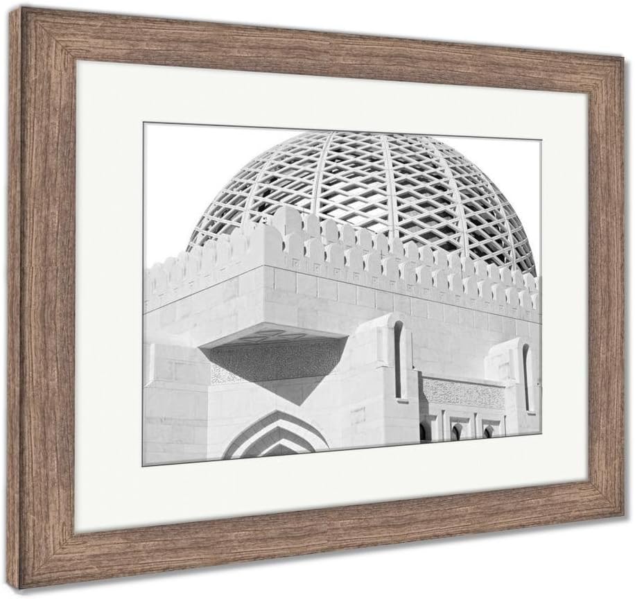 Ashley Framed Prints in Oman Muscat The Old Mosque Minaret and Religion in Clear Sky, Wall Art Home Decoration, Black/White, 34x40 (Frame Size), Rustic Barn Wood Frame, AG5593636