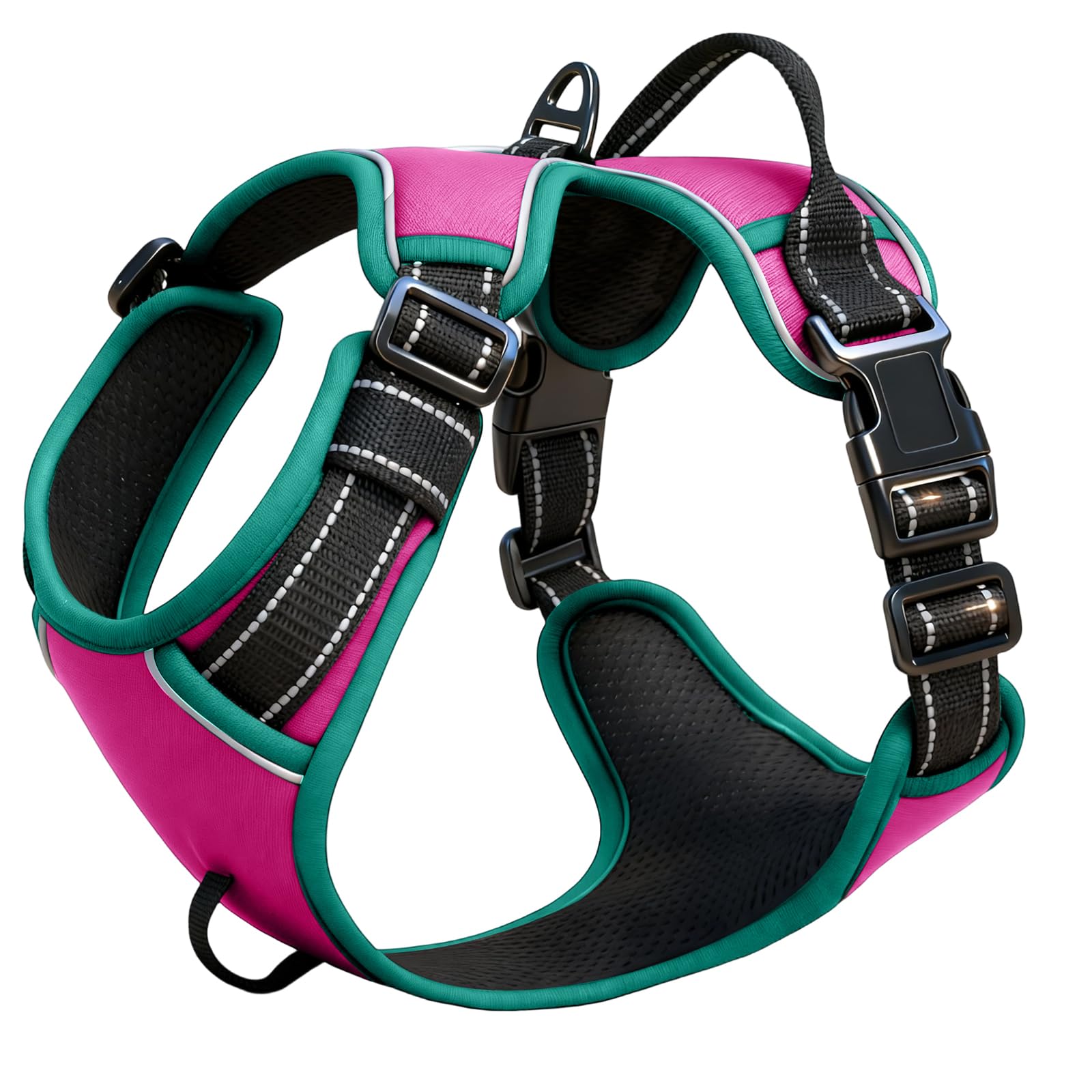 No Pull Dog Harness, No Chock Reflective Adjustable Soft Padded Pet Vest with Easy Control Handle, Easy Wearing with Stylish, Reinforced Knot, 2 Buckles