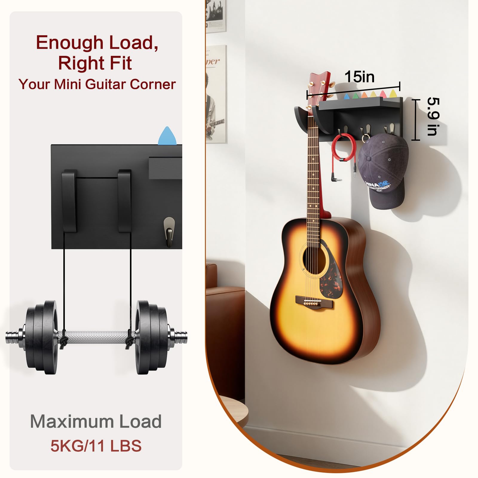 Bikoney - Colgador de pared para guitarra, soporte de pared para guitarra, madera con 3 ganchos, color negro