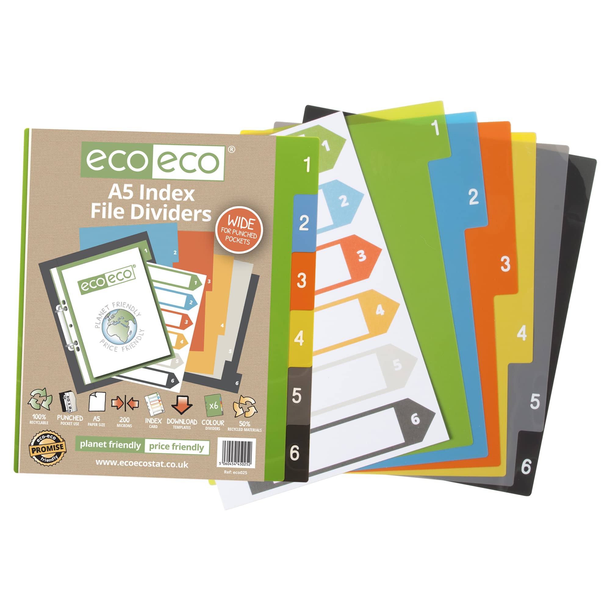 eco-eco A5 50% Recycled Set 6 Wide Index File Dividers eco025 Multicolour (Pack of 3), Wide (Pack of 3) - Image 3