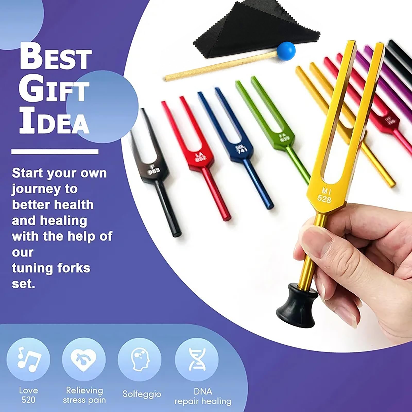 Set professionale di diapason Chakra - Confezione da 9, strumento a percussione curativo del suono con custodie resistenti, ideale for la messa a punto della meditazione yoga Biofield (Color : Gold)