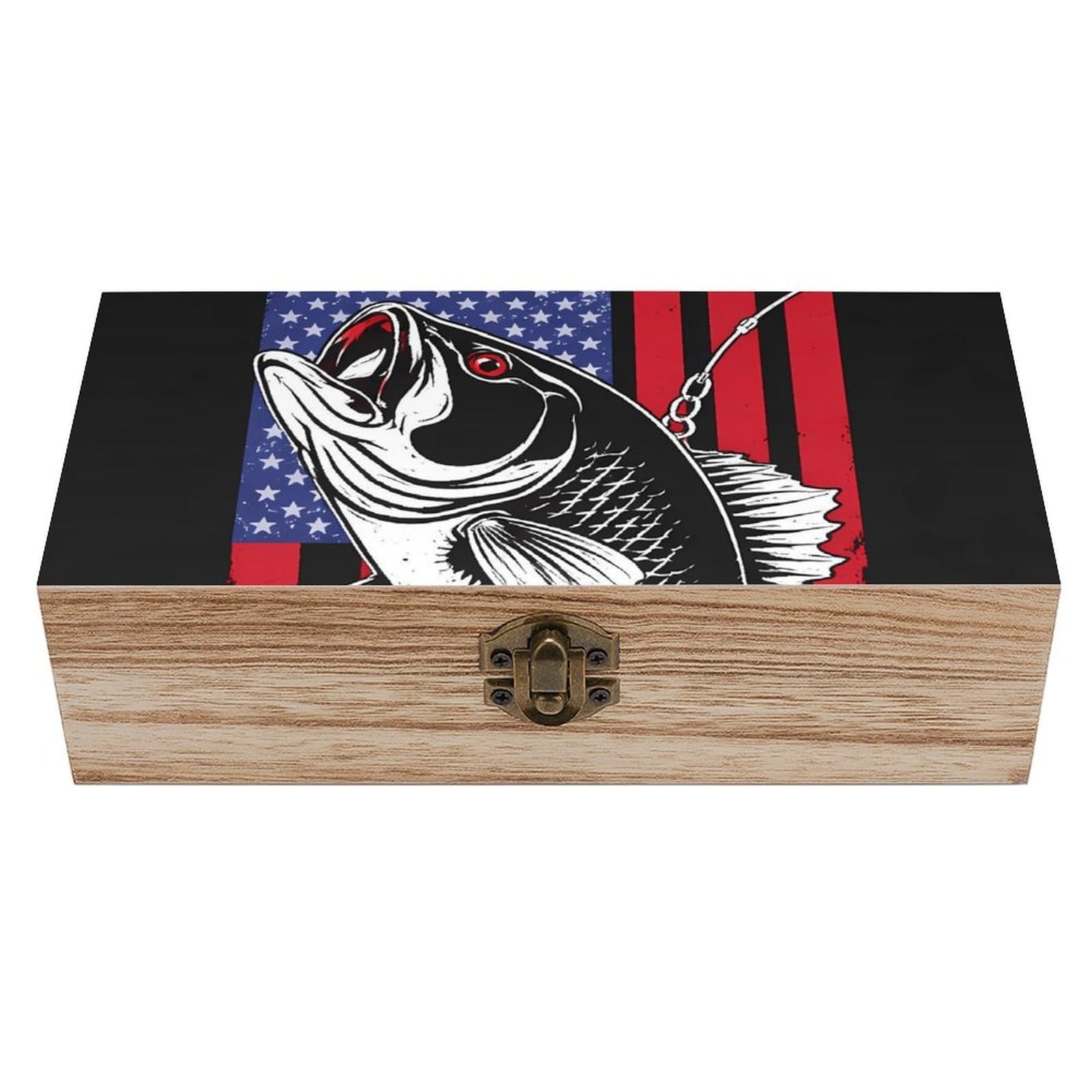 HLBSDM Bass Fish Fishing Lure American Flags Wooden Storage Box