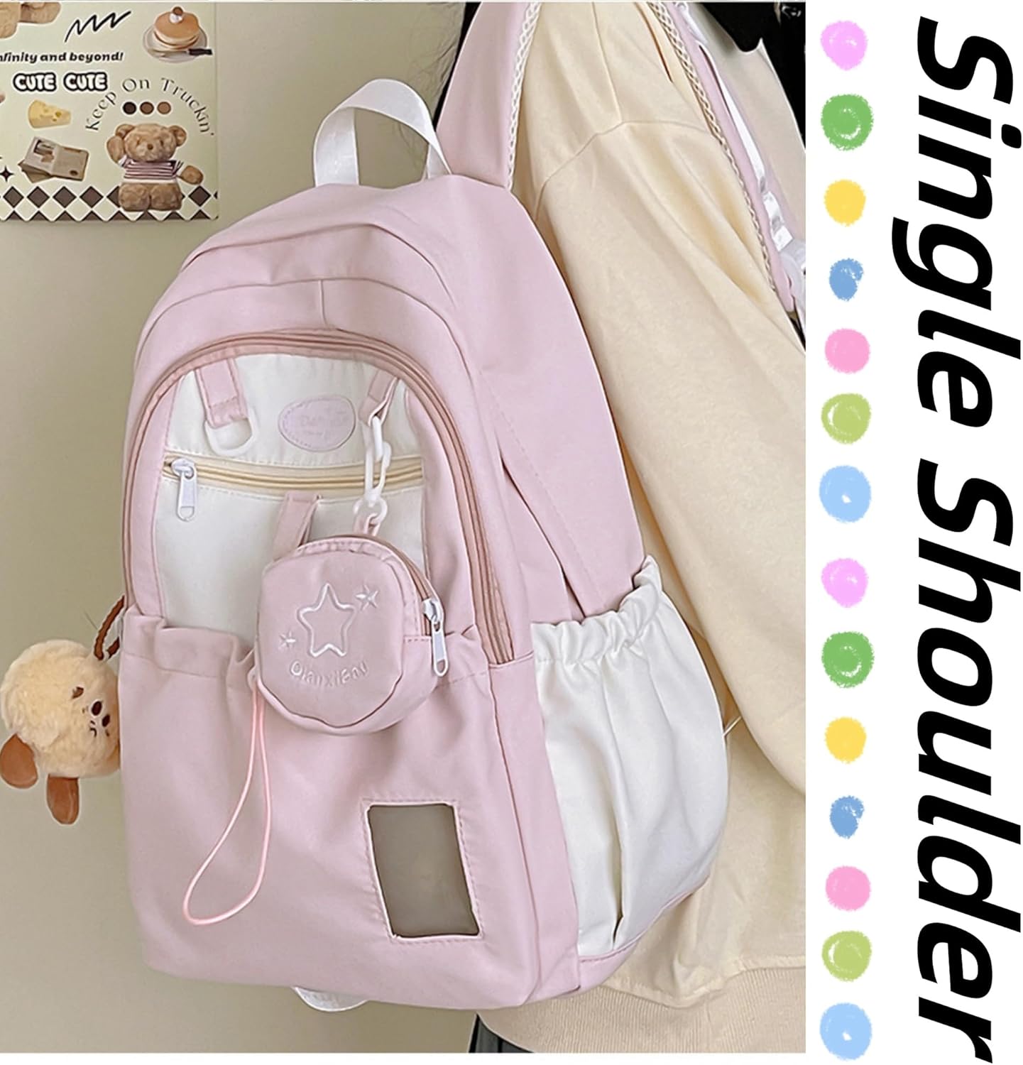 Kawaii Backpack Double Shoulder Bag with Cute Star Removable Pouch Small Clear Front Pocket Large Capacity Fits 16" Laptop Dopamine Colors Daypack (Pink) - Image 3