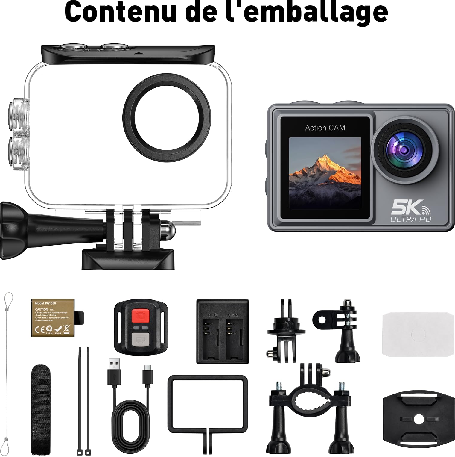 Caméra Sport 5K/4K, 50MP Caméra d'action avec 64GB Carte, 30M/98FT Camera Étanche- Stabilisation EIS, Grand Angle 170°, WiFi Camera Casque Moto, Appareil Photo Étanche pour Plongée, Vlog, Vélo