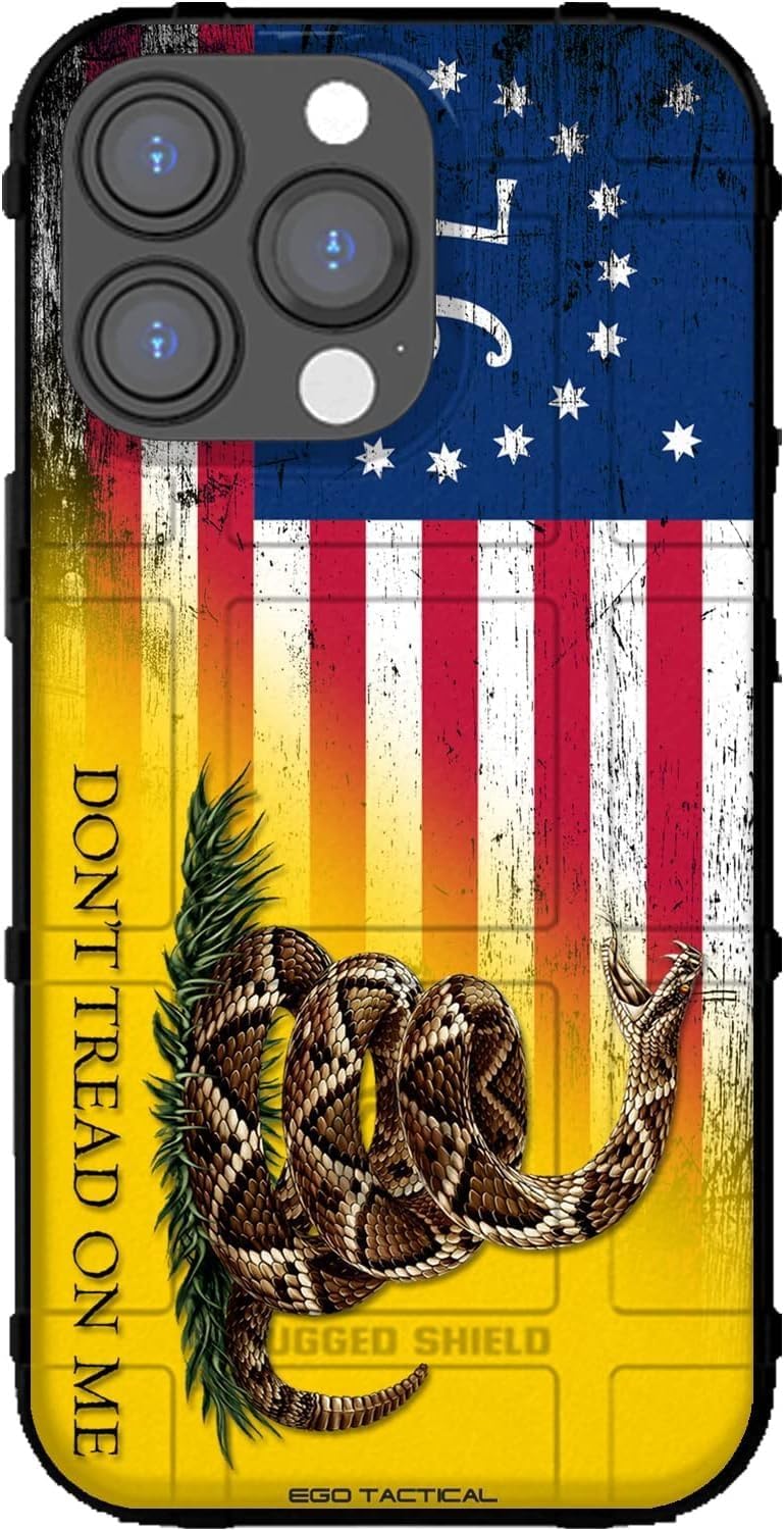 EGO TACTICAL Limited Edition Rugged Shield case Compatible with iPhone 16 Pro [6.3" Screen] Printed in The USA Distressed 1776 US American Flag Gadsden Don't Tread On Me