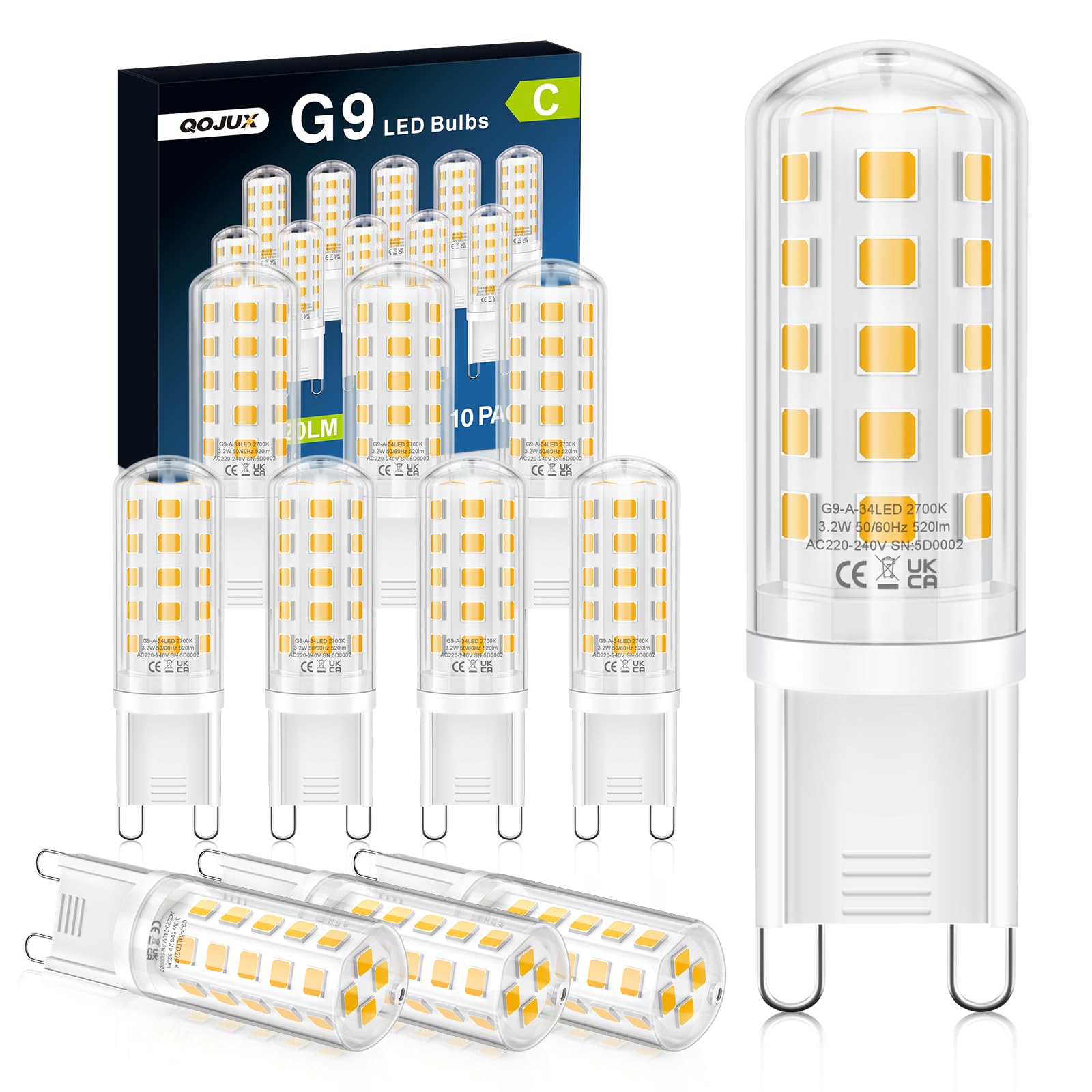 QOJUX 3.2W G9 Led Bulbs, Energy Class C, 34 LEDs 520LM Warm White, Equivalent to 40W-50W Halogen, 2700K AC 220-240V No Flicker Non-Dimmable Energy Saving G9 Light Bulbs for Home Lighting Decor 10 Pack