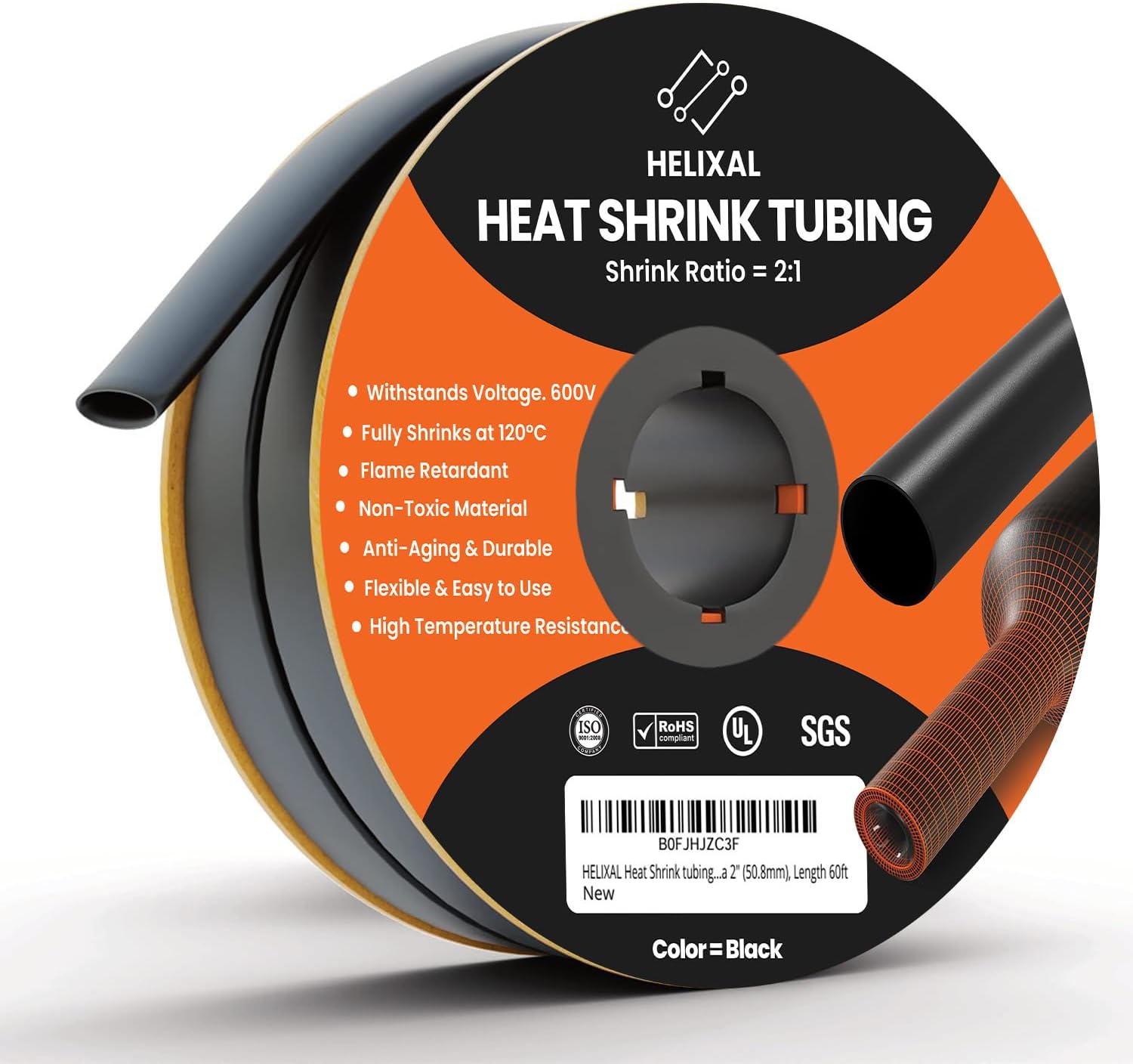 1-1/4" 31mm HELIXAL 2:1 Heat Shrink Tubing, Electrical Industrial Shrink Tube for Wire Insulation, Shrink Wrap Tubing, Electrical Insulation, Flame Retardant Cable Management Spool 60ft