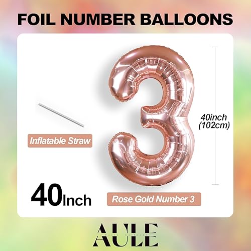 Miniatura 3 de AULE Globos grandes de oro rosa de 40 pulgadas con el número 3, globos de helio de aluminio grandes del 0 al 9, decoraciones gigantes de fiesta