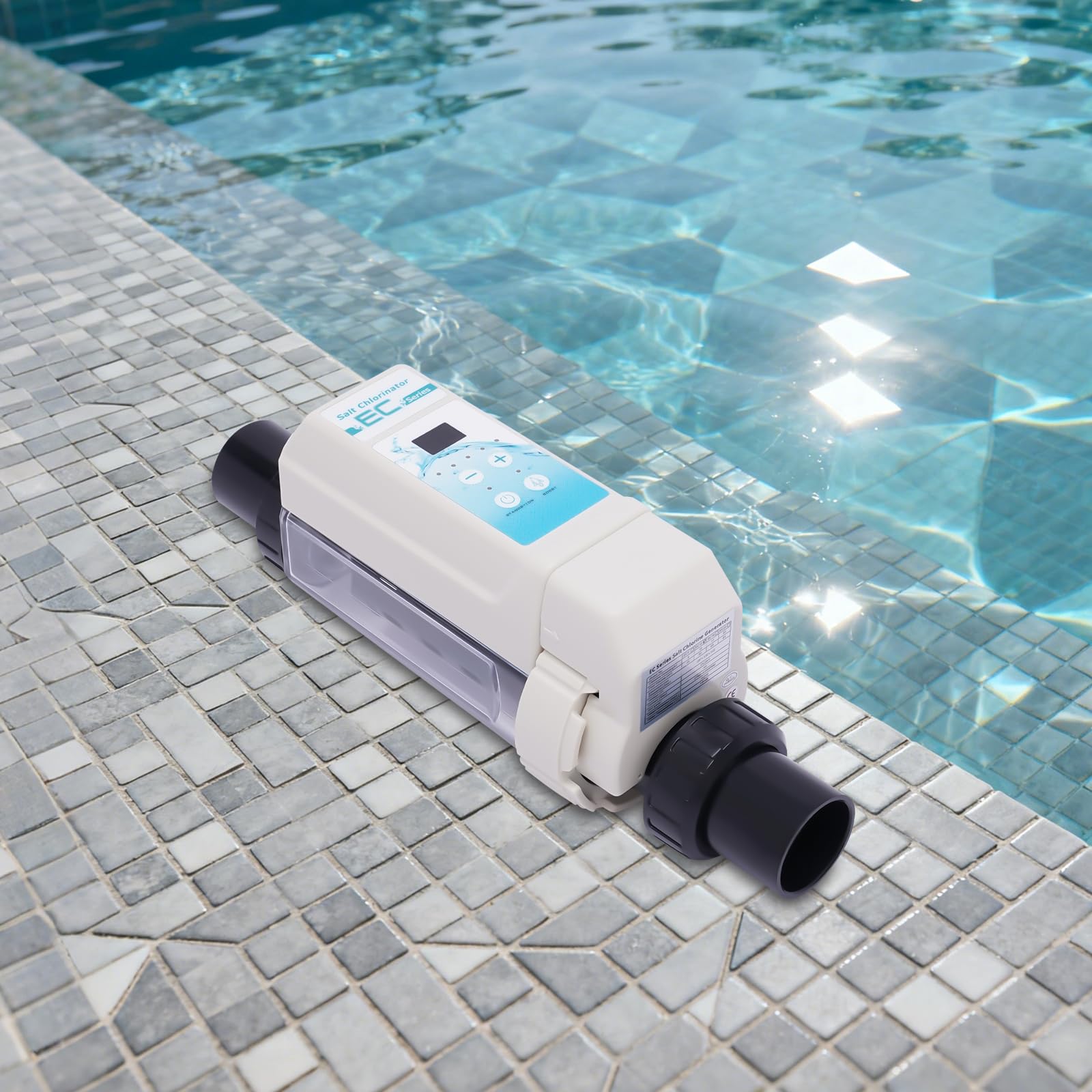 Clorinatore di sale EC08, fino a 50 m³, impianto di acqua salata per piscina, 2700-4500 PPM, emissione di cloro, regolazione intelligente, funzione autopulente, disinfezione salata per piscina e spa