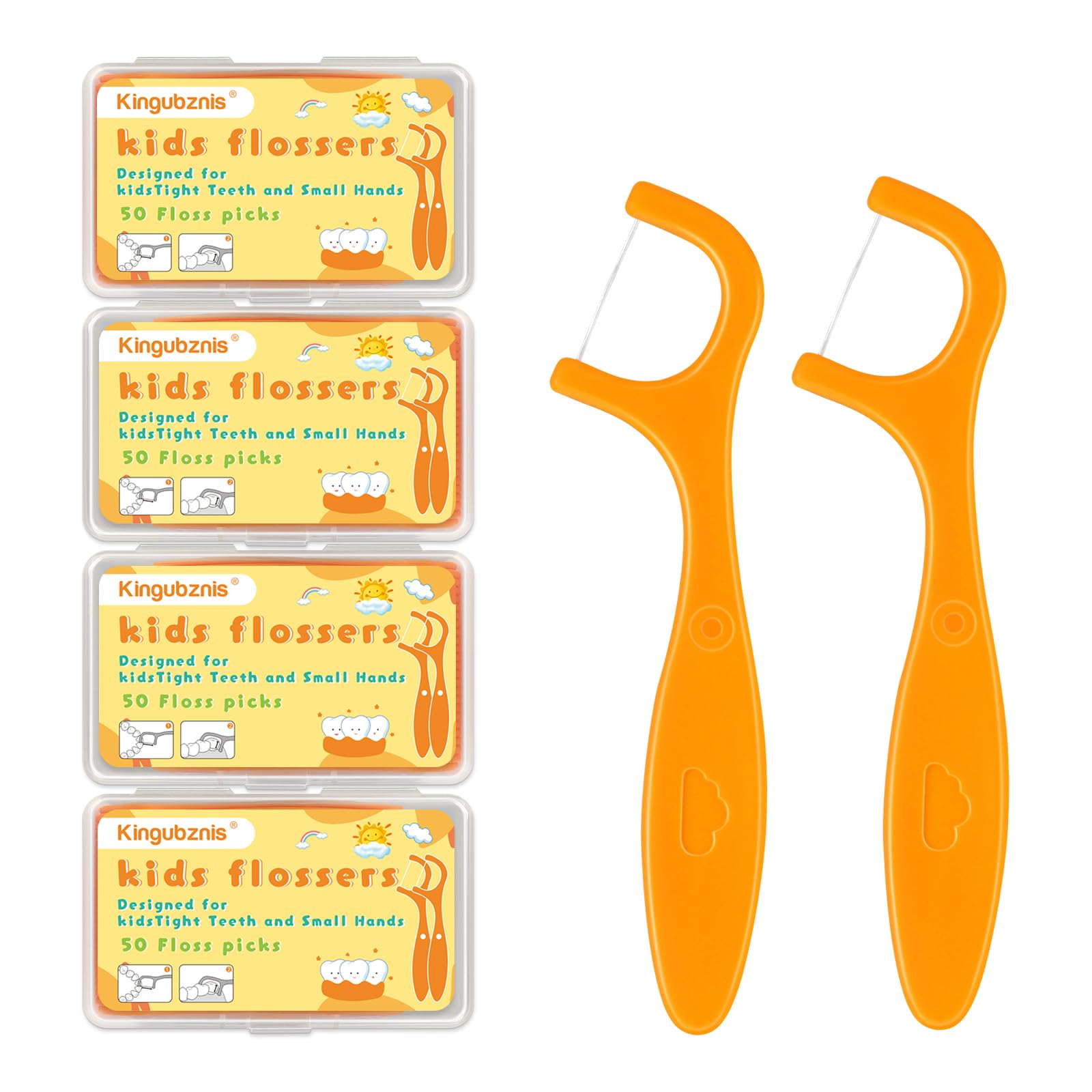 Kids Flossers-200 Count Kids Floss Picks-Includes 4 Portable Travel Cases-No Shred Thread and Unflavored Orange