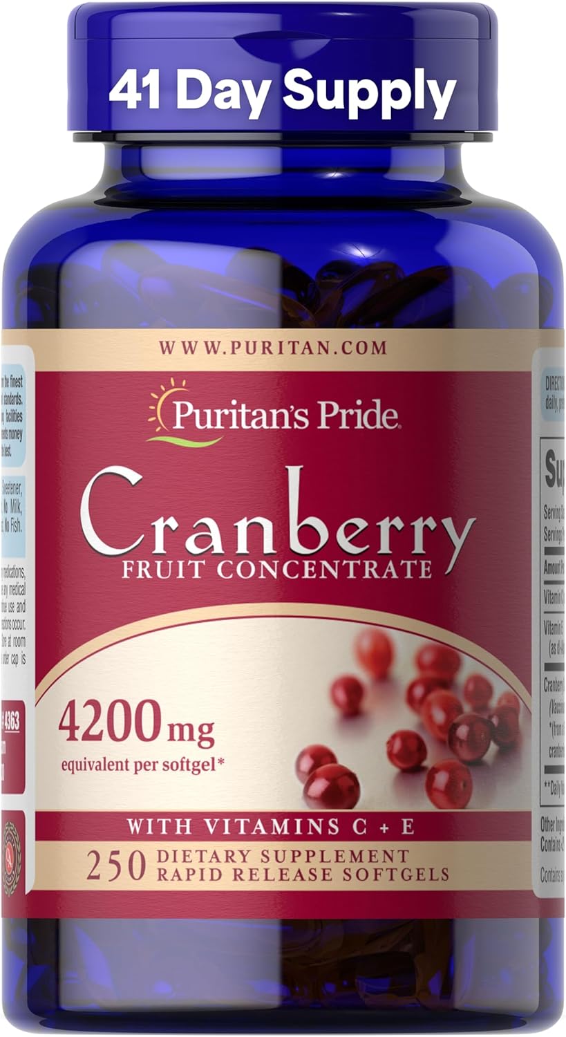 Puritan’s Pride Premium Cranberry Fruit Concentrate 84 mg (4200 mg equivalent) with Vitamins C and E, Dietary Supplement for Immune System Support, 4 Month Supply, 250 Rapid Release Softgels
