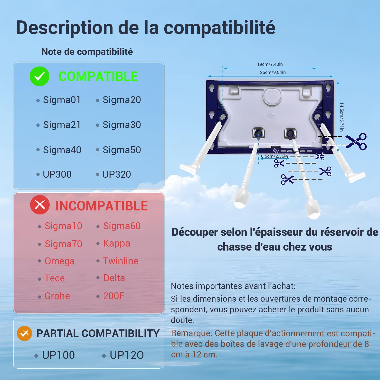 Plaque de Commande WC, Compatible avec Geberit Sigma, UP300&UP320, Dimensions 243×162 mm, Équipée d'un Set de Leviers de Chasse et d'un Cadre d'Installation.(Blanc & Chrome)