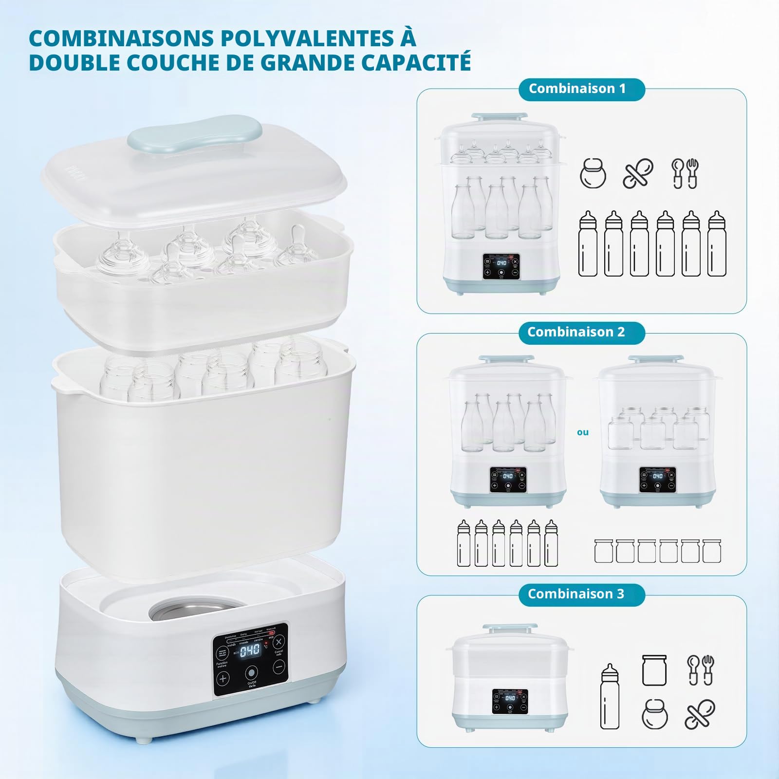 Stérilisateur et séchoir pour biberons, 5 en 1 stérilisateur électrique à vapeuravec avec kit de nettoyage, 2 layer niveaux pour biberons, tétines et accessoires de tire-lait, blanc