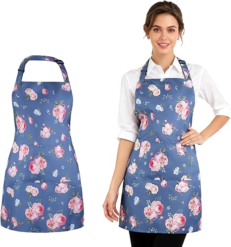 Divertido delantal floral para mujer, delantal de cocina ajustable con 2 bolsillos, delantales florales azules, delantales de chef o cocina,