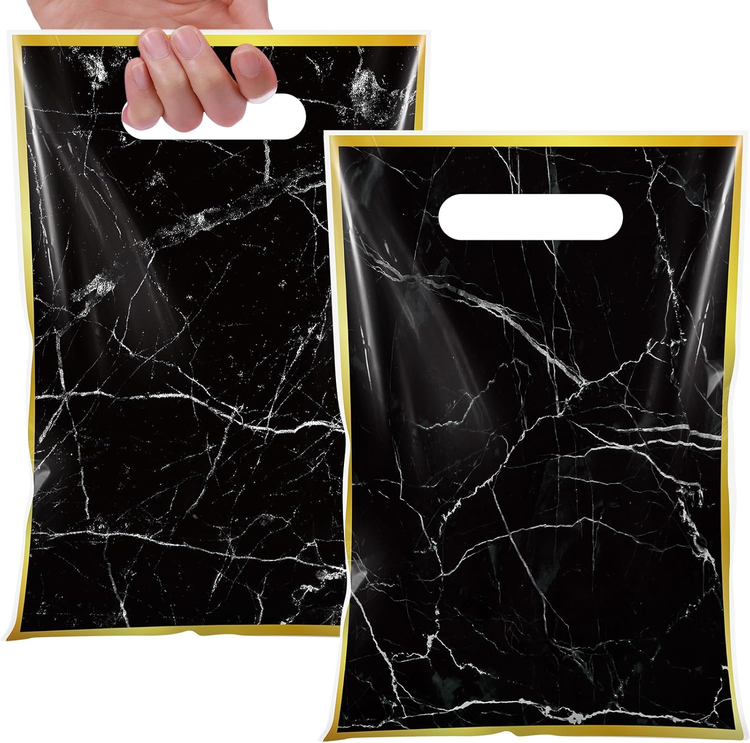 Funrous 50 Pcs Marble Gift Bags with Handles Black Gold Goodie Bag Black Marble Pattern Candy Snack Party Favor Gift Wrapping Supplies for Men Birthday Anniversary Wedding Baby Shower Shopping