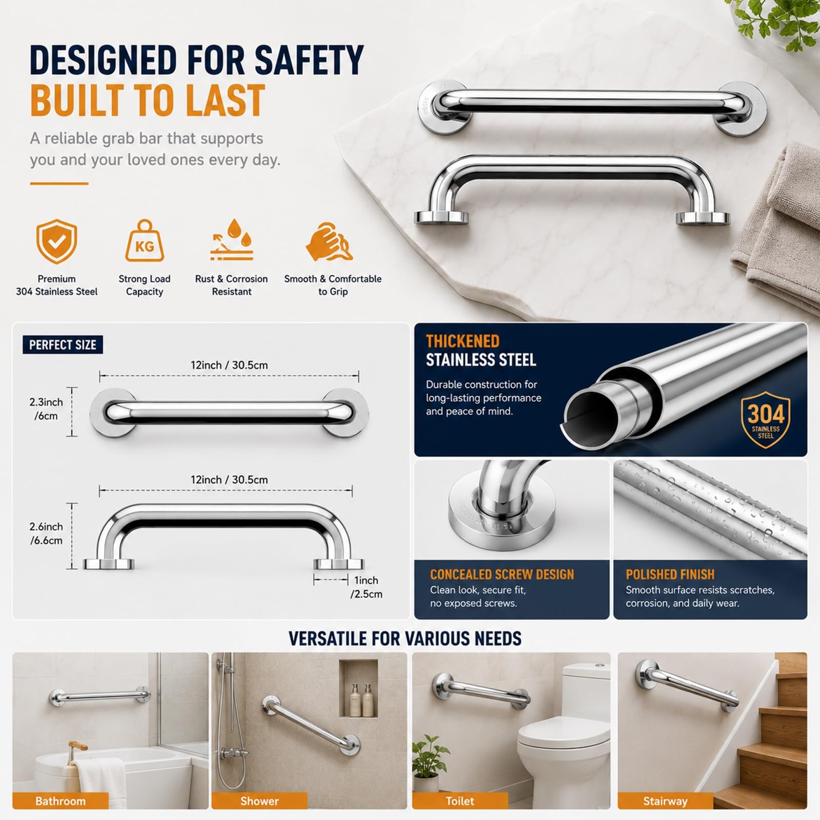 Maniglione Di Sicurezza per Doccia, Antiscivolo, Portata 227 Kg (500 Libbre), Ideale per Bagni Domestici Moderni, Hotel E Ristrutturazioni per L'accessibilità (anziani/disabili)(40cm)
