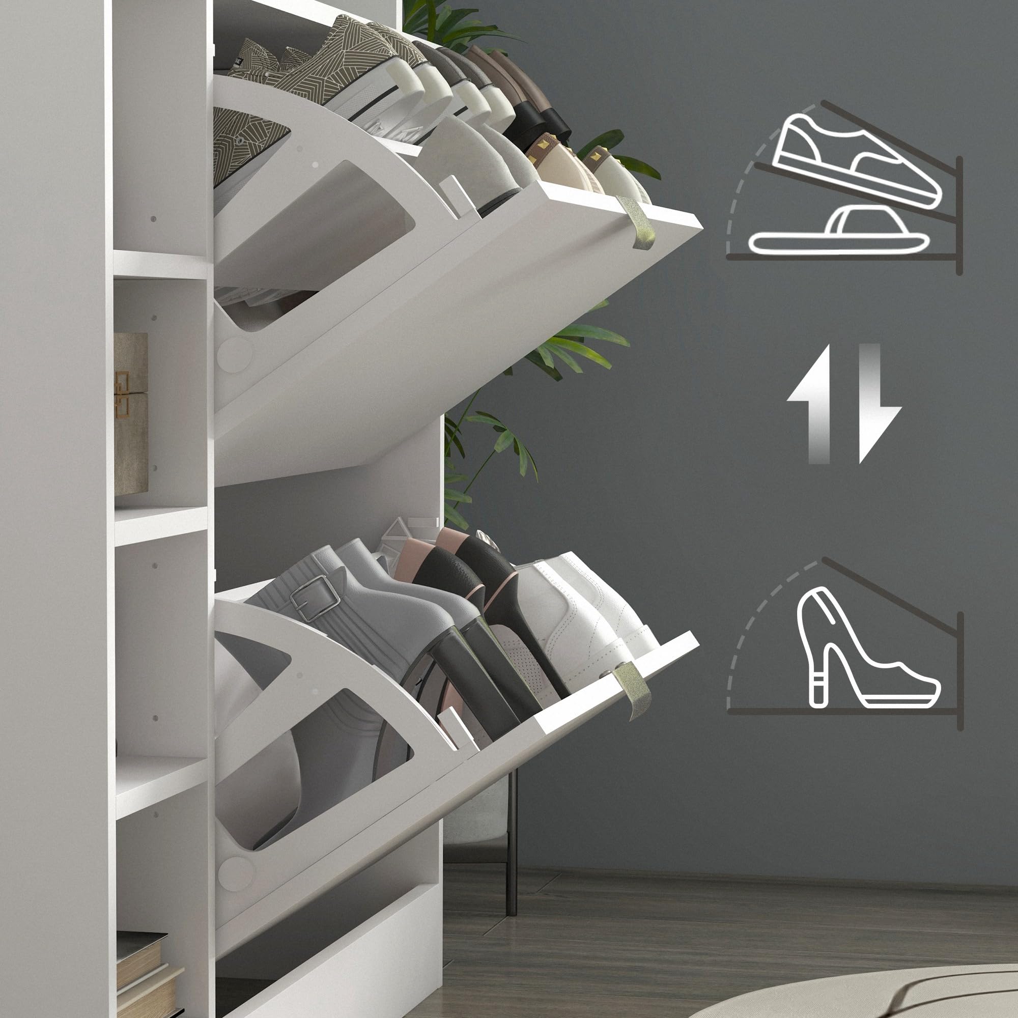 HOMCOM Zapatero Moderno de Entrada con Cajones Abatibles y Estantes Ajustables para 12 Pares de Zapatos, Estrecho para Pasillo y Recibidor 89x25x92 cm Blanco