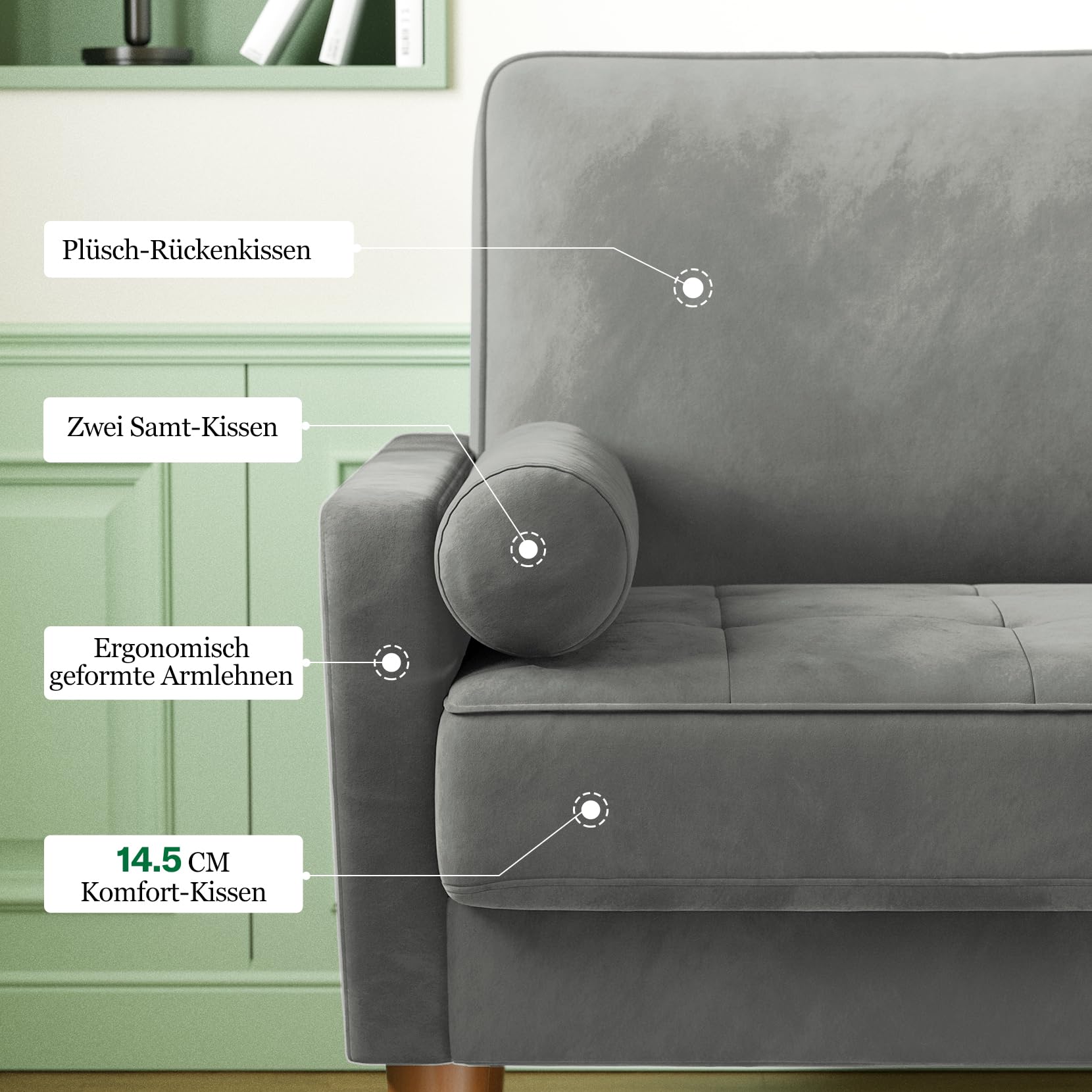 Vesgantti Couch 2 Sitzer, Samt Kleines Sofa mit 2 Wurfkissen, Modern Mini Sofa, Getuftetes Kleine Couch für Wohnzimmer/Schlafzimmer/Büro/Wohnung, 121x 77 x 87cm, Grau
