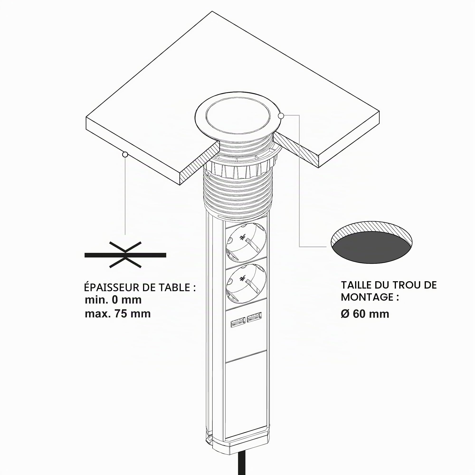 Electraline 62557 Bloc Multiprise de Bureau Escamotable 3 Prises + 2 USB, diamètre Standard 60mm, Prise encastrable pour Cuisine, Bureau