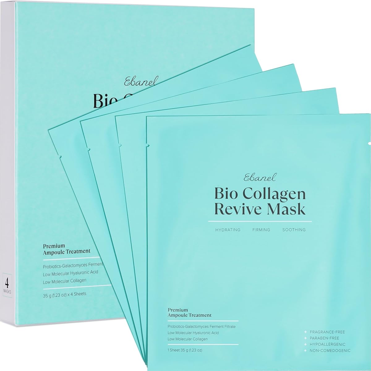 Ebanel Bio Collagen Face Mask, Hydrating Overnight Korean Face Sheet Masks | Premium 4-Pack Hydrogel Masks with 7 Peptides, Hyaluronic Acid, Niacinamide, Centella, Ceramide, Vitamins B5 & C, Adenosine