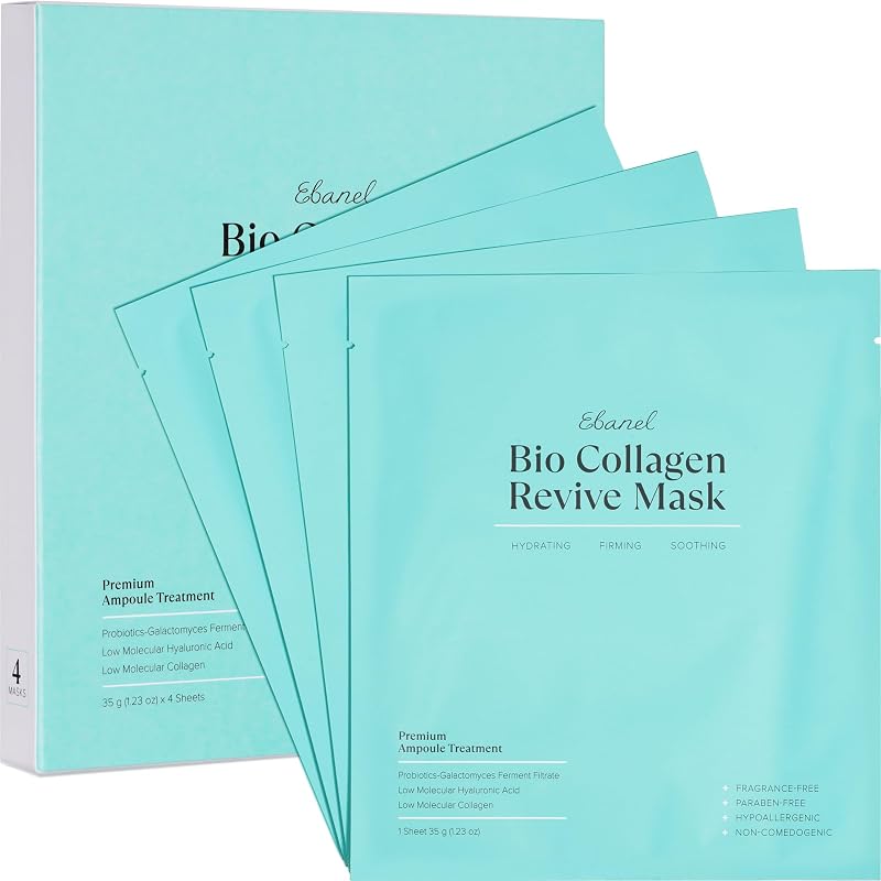 Ebanel Bio Collagen Face Mask, Hydrating Overnight Korean Face Sheet Masks | Premium 4-Pack Hydrogel Masks with 7 Peptides, Hyaluronic Acid, Niacinamide, Centella, Ceramide, Vitamins B5 & C, Adenosine
