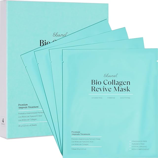 Ebanel Bio Collagen Face Mask 4-Pack Hydrating Face Masks with 7 Peptides Hyaluronic Acid Niacinamide Centella Rose Water