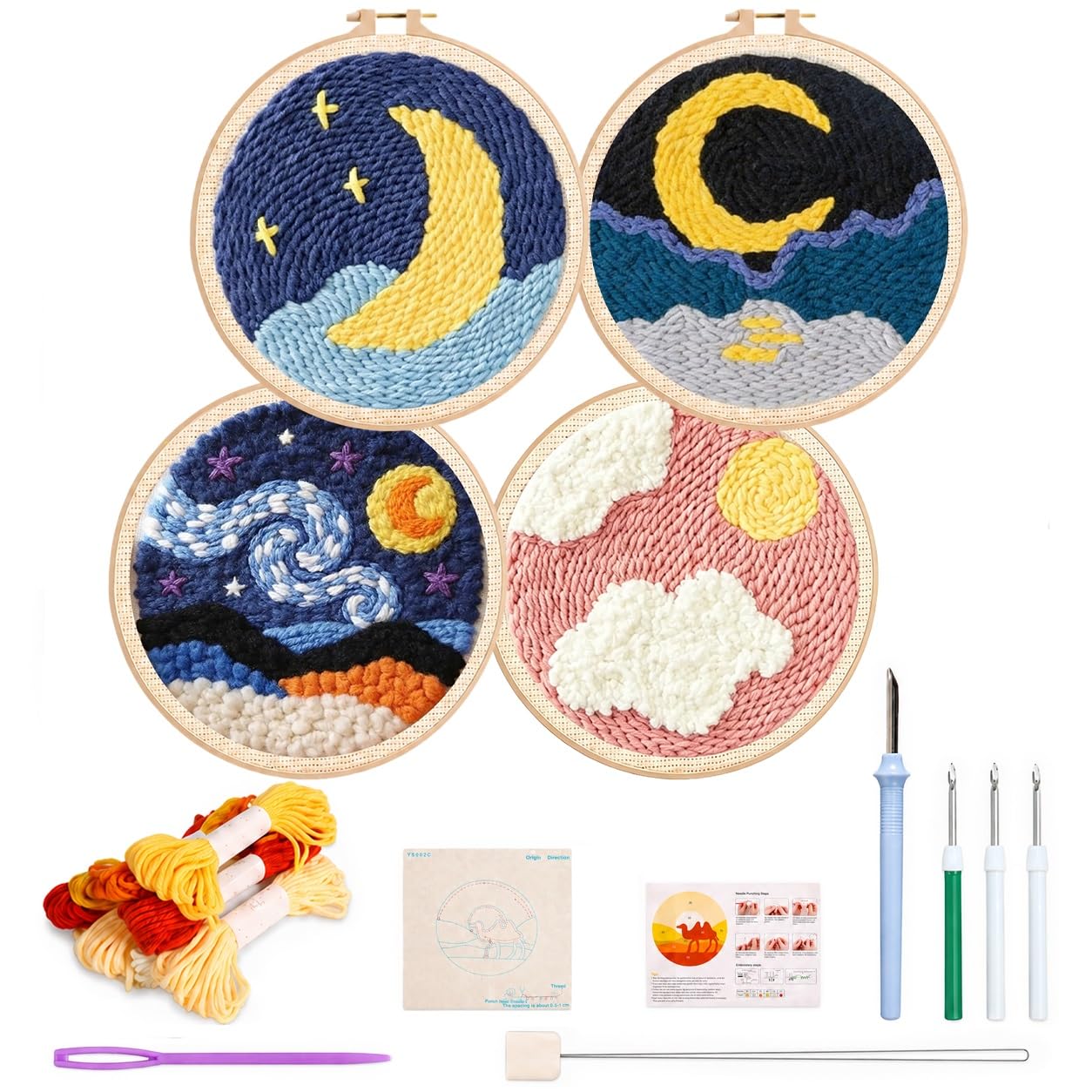 Kit di aghi da punzonatura, kit di aghi da punzonatura per adulti per principianti, kit da ricamo per principianti, kit da ricamo con paesaggio con nuvole lunari, set di aghi da punzonatura (set 1)