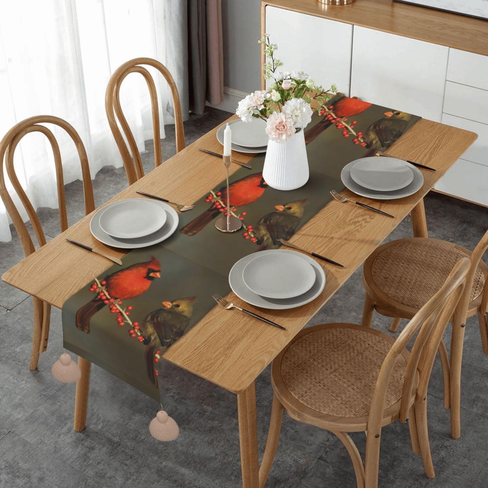 Chemin de table de Noël oiseaux rouges en lin lavable pour protéger votre table