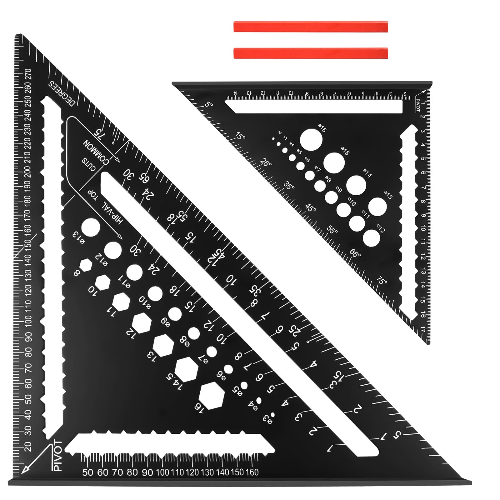 flintronic Zimmermannswinkel Set, 2PCS Multifunktional Anschlagwinkel, 18cm+30cm, Aluminium Lineal Winkelführung Inkl. Flachem Zimmermannsbleistift zum Messen von Winkeln (Schwarz)