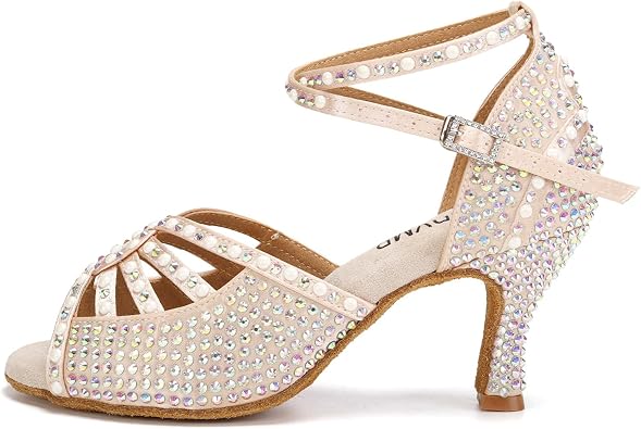 JUODVMP Womens Latin Dance Shoes Rhinestones Satin Ballroom Dancing Shoes Salsa Professional Dance Shoes