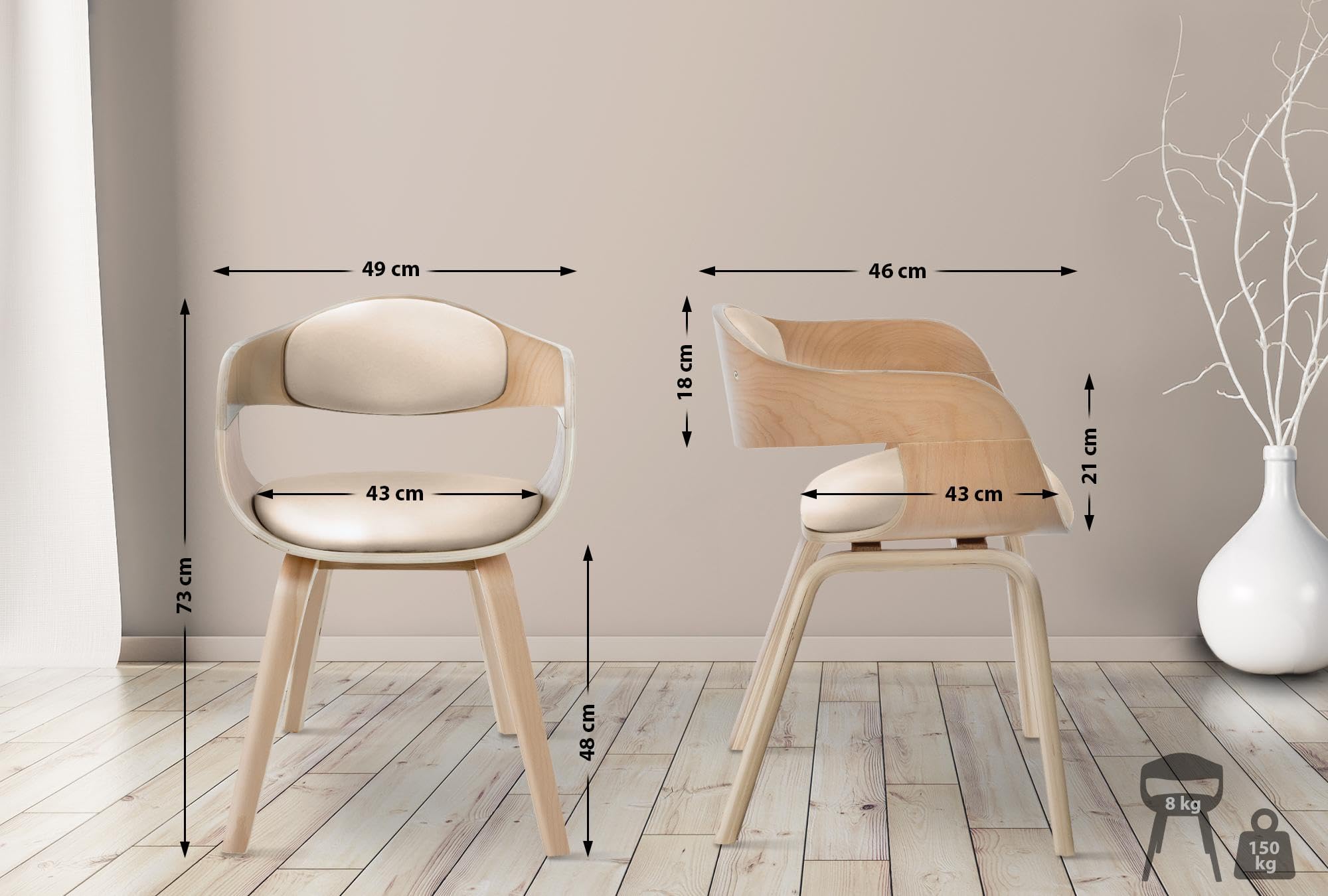 CLP Esszimmerstuhl ergonomisch Kingston, gepolsterte umlaufender Rückenlehne, Kunstlederbezug & Holzgestell, belastbar bis 150 kg, Farbe:Natur/Creme