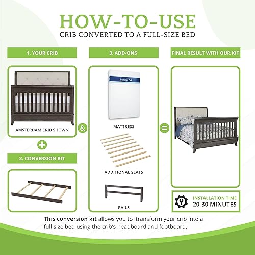 Miniatura 5 de Kit de conversión de tamaño completo, rieles de cama para cunas convertibles Evolur para bebé, riel de madera maciza, riel de cama para niños y Gris